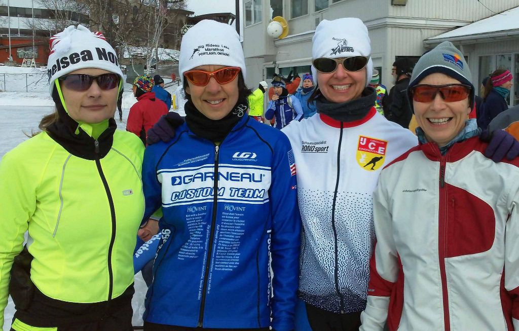 Four happy marathoners in Lake Placid. Niara (Waterloo), Heidi (St. Lawrence), Jennifer (Pacers), Tracy (Waterloo)